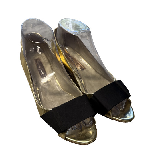 Rupert Sanderson London Gold Mirror Peep Open Toe Black Bow Retro Style Flats - Picture 2 of 13